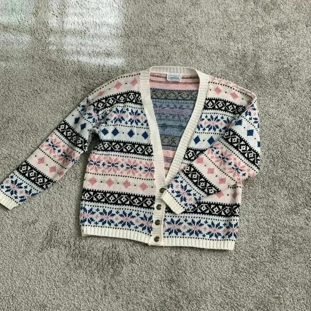 Croquet Club blue pink black and white cardigan made in US size medium